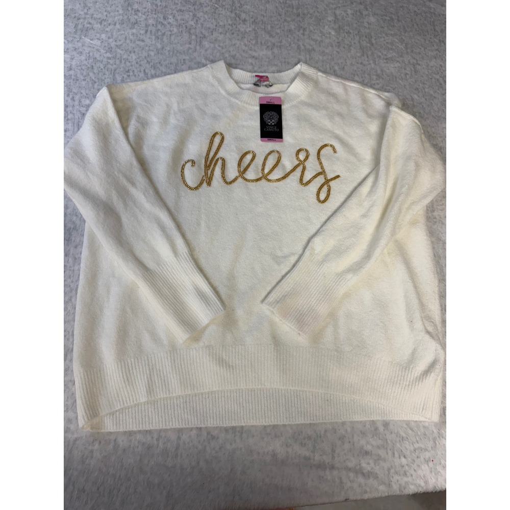 Vince Camuto Womens Cheers Beaded Sweater Off White Gold Holiday Pullover Small
